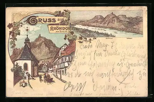 Lithographie Rhöndorf a. Rhein, Ortsansicht mit Drachenfels