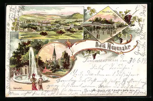 Lithographie Bad Neuenahr, Wandelbahn, Sprudel & Gesamtansicht