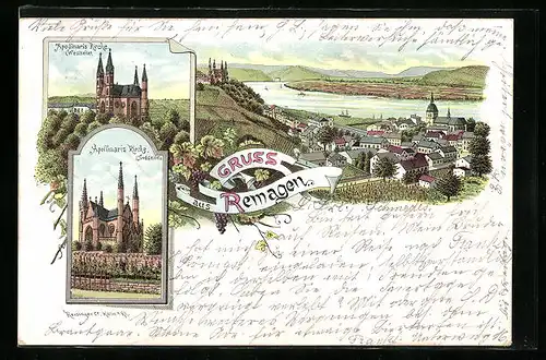 Lithographie Remagen, Gesamtansicht mit Apollinaris Kirche