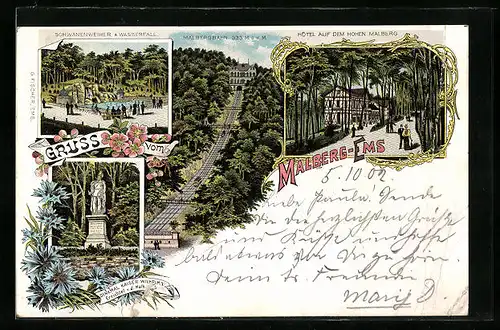 Lithographie Bad Ems, Hotel auf dem Hohen Malberg, Malbergbahn