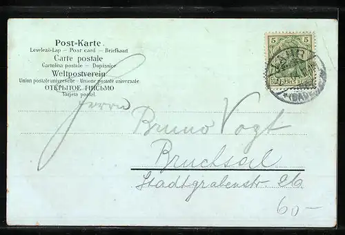 Mondschein-Lithographie Lahr, Bismarck-Denkmal, Reichswaisenhaus, Ruine