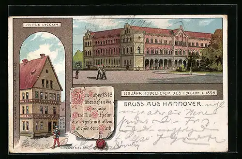 Lithographie Hannover, altes und neues Lyceum, 550 jährige Jubelfeier 1898, Urkunde