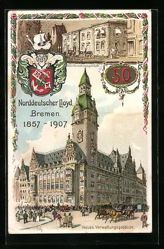 Lithographie Bremen, Norddeutscher Lloyd, Neues und altes Verwaltungsgebäude, 1907