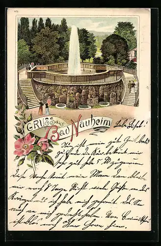 Lithographie Bad Nauheim, Kurgäste beim Sprudel