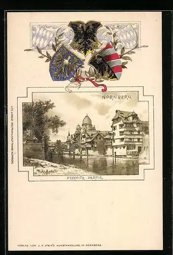 Passepartout-Lithographie Nürnberg, Flusspartie mit Wohnhäusern an der Pegnitz, Wappen