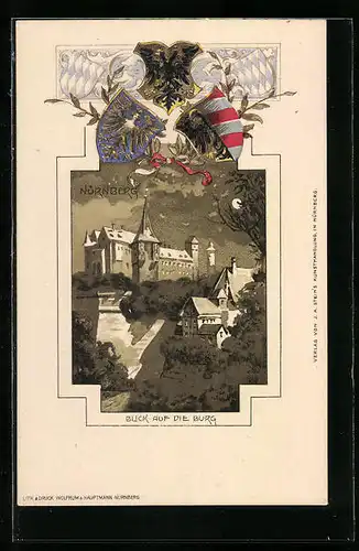 Passepartout-Lithographie Nürnberg, Blick auf die Burg, Wappen
