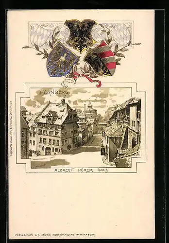 Passepartout-Lithographie Nürnberg, Albrecht-Dürer-Haus mit Strassenpartie, Wappen
