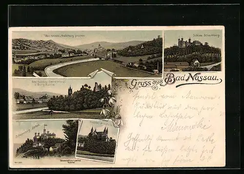 Lithographie Bad Nassau, Schloss Schaumburg, Kloster Arnstein, Ortsansicht mit Ruine