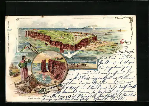 Lithographie Helgoland, Nord-Cap, Gesamtansicht der Insel