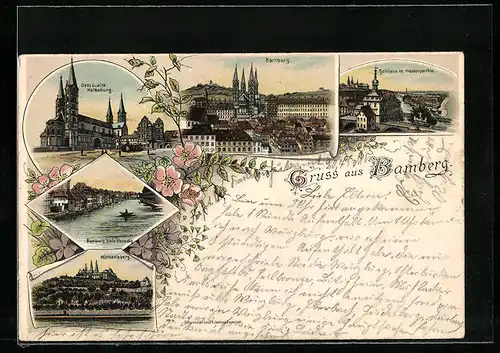 Lithographie Bamberg, Dom und alte Hofhaltung, Rathaus