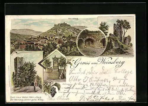 Lithographie Weinsberg, Ortsansicht mit Burg Weibertreu