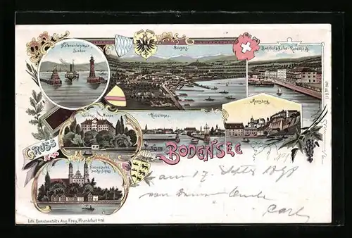 Lithographie Konstanz, mit Bregenz und Hafeneinfahrt vor Lindau