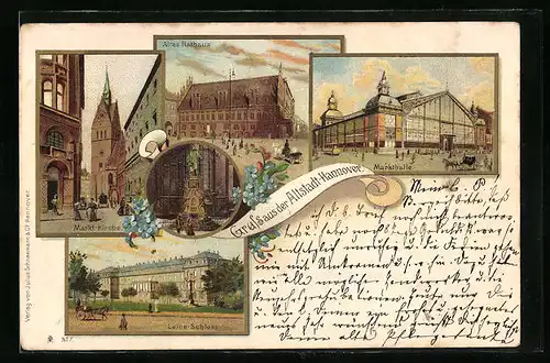 Lithographie Hannover, Altes Rathaus, Markt-Kirche und Markthalle