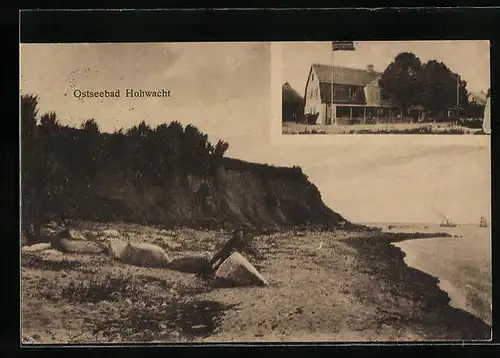 AK Hohwacht, Blick über den Strand und auf ein Wohnhaus