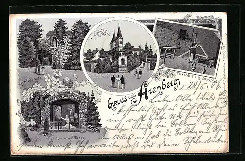 Lithographie Arenberg, Kirche zu Arenberg, Christus am Oelberg, Werkstätte d. H.Joseph, Lourdesgrotte