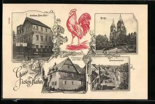 AK Arenberg, Gasthaus Roter Hahn, Kirche, Stammhaus gegr. 1630