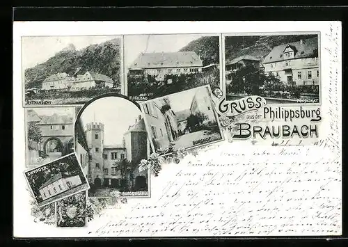 Lithographie Braubach /Rhein, Philippsburg Flügelbau, Pensionat, Zwinger, Burghof