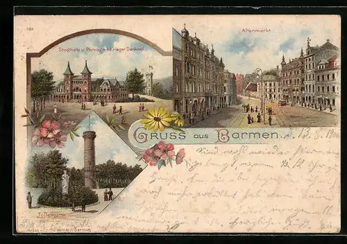 Lithographie Barmen, Stadthalle und Plateau mit Krieger Denkmal, Altenmarkt, Tollenthurm