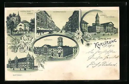 Lithographie Karlsruhe, Gottesau, Rathhaus, Evangl. Stadtkirche, Kaiserstrasse