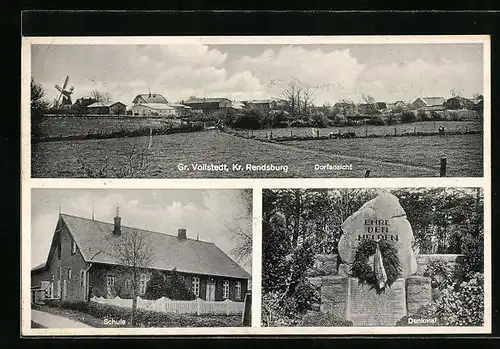 AK Gr. Vollstedt, Dorfansicht, Schule, Denkmal