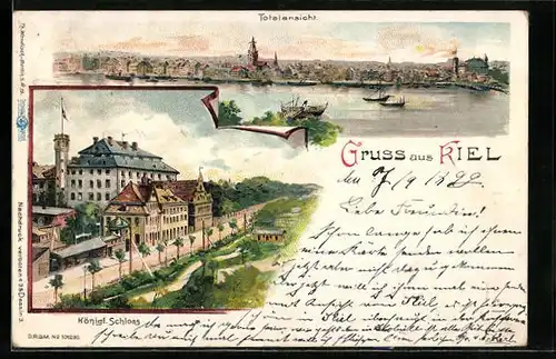 Lithographie Kiel, Totalansicht, Königl. Schloss