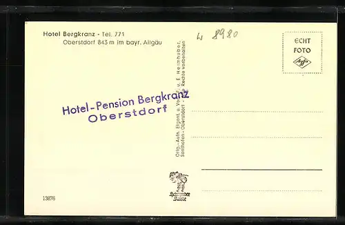 AK Oberstdorf im bayr. Allgäu, Hotel-Pension Bergkranz