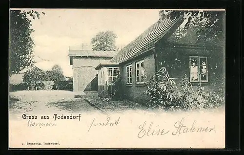 AK Todendorf, Altes Backsteinhaus mit Passanten