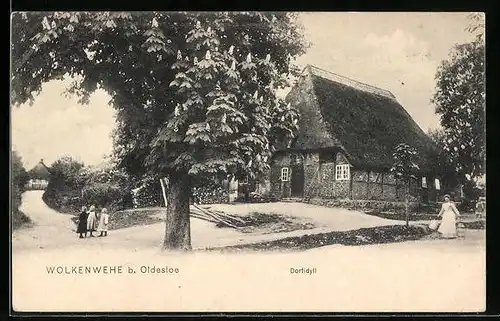 AK Wolkenwehe b. Oldesloe, Dorfidyll mit Reetdachbauten