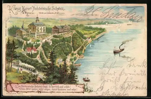 Lithographie Holsteinische Schweiz, Drei Hotels im Klimat. Kurort aus der Vogelschau