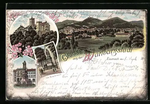 Lithographie Eisenach, Panorama vom Grabenthal, Wartburg und Luther-Denkmal