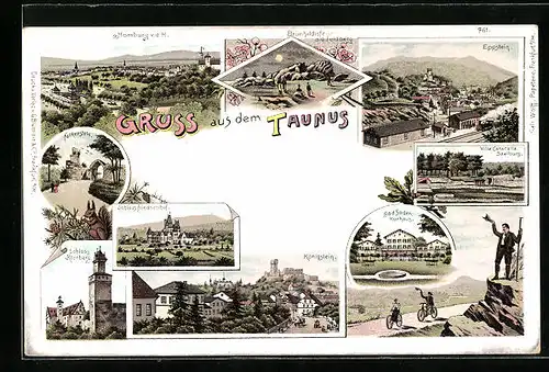 Lithographie Homburg im Taunus, Brunhildisfelsen a. d. Feldberg, Eppstein, Falkenstein, Bad Soden Kurhaus