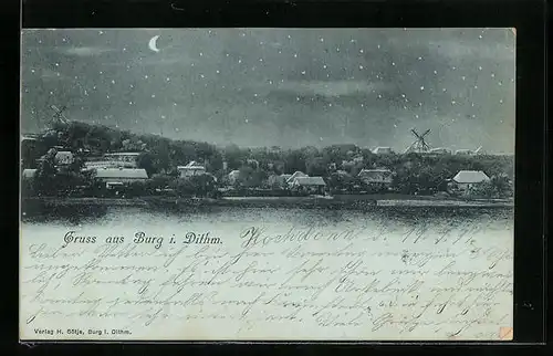 Mondschein-Lithographie Burg i. Dithm., Totalansicht aus der Ferne