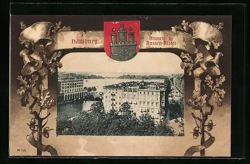 Passepartout-Lithographie Hamburg-Rotherbaum, Binnen-und Aussenalster mit Wappen