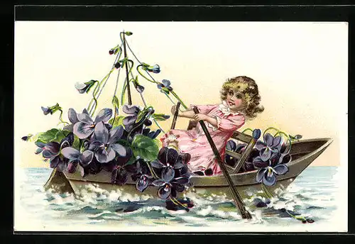 AK Mädchen in einem Ruderboot mit Blumen