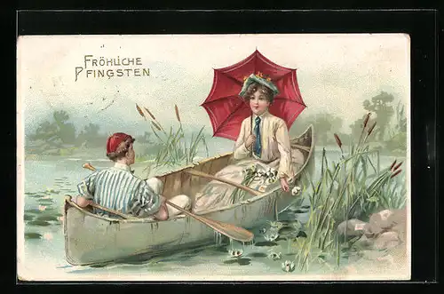 AK Junge Dame mit Schirm und Mann in einem Ruderboot