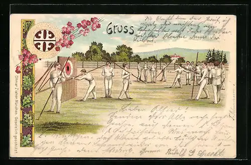 Lithographie Turner in weissen Trikots beim Training