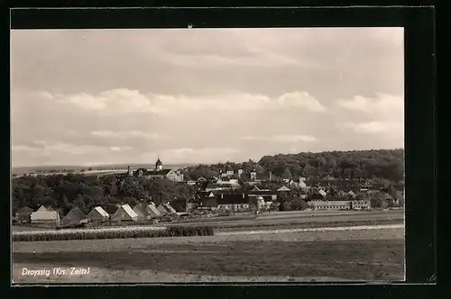 AK Droyssig /Krs. Zeitz, Blick über Felder auf den Ort
