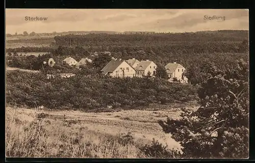 AK Storkow, Blick über Wiesen auf die Siedlung