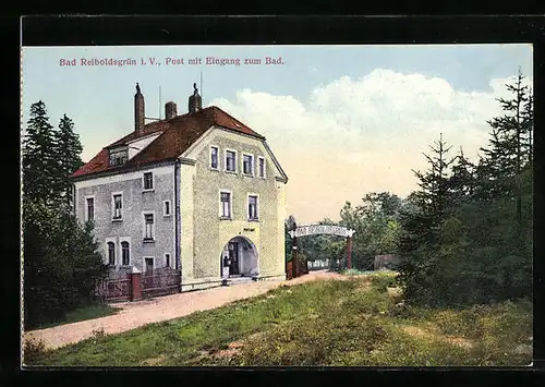 AK Bad Reiboldsgrün i. V., Post mit Eingang zum Bad