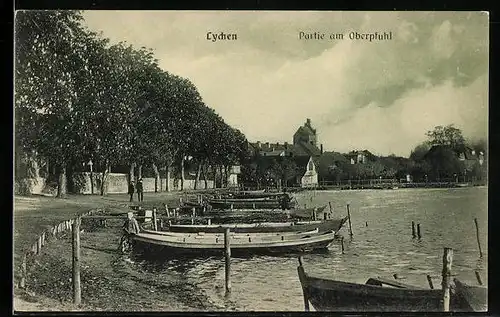 AK Lychen, Partie am Oberpfuhl mit Ruderbooten
