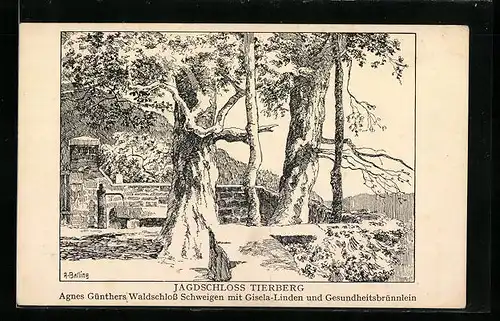 Künstler-AK Tierberg, Idyllischer Blick auf Bäume und Brunnen