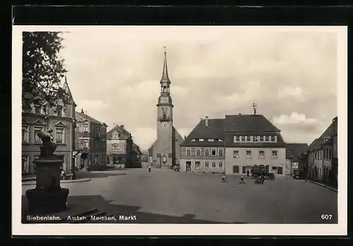 AK Siebenlehn /Amtsh. Meissen, Markt mit Gasthaus Gambrinus und Kirche