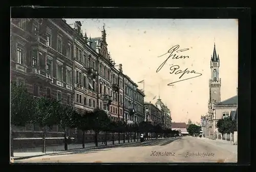 AK Konstanz, Bahnhofplatz mit Kirche
