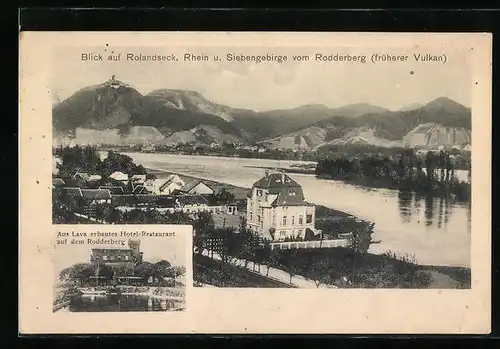 AK Rolandseck, Aus Lava erbautes Hotel-Restaurant auf dem Rodderberg früher Vulkan, Panorama mit Rhein u. Siebengebirge