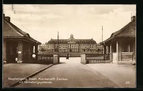 AK Zwickau, Haupteingang Staatl. Krankenstift mit Verwaltungsgebäude