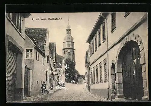 AK Kallstadt, Strassenpartie mit Blick auf Kirchturm