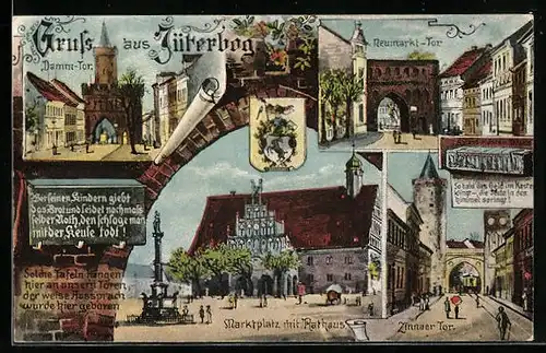 AK Jüterbog, Marktplatz mit Rathaus, Neumarkt-Tor, Damm-Tor