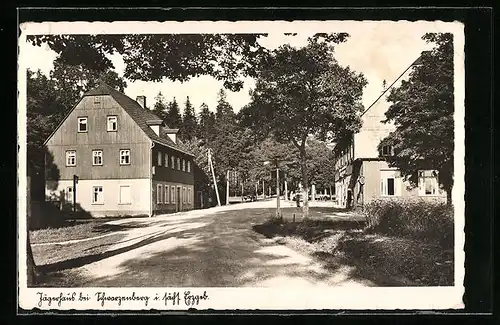 AK Jägerhaus über Schwarzenberg /Sa., Strassenpartie mit Gasthof Jägerhaus