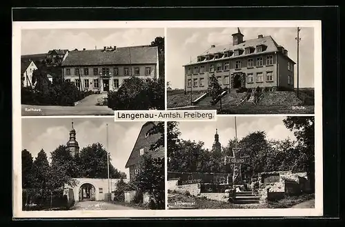 AK Langenau /Sa., Rathaus, Kirche, Ehrenmal
