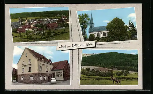AK Mülheim /Eifel, Ortsansicht, Gasthaus-Pension Hellenthal, Kirche